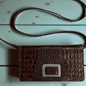 Brighton Brown Crocodile Embossed Leather‎ Silver Accent Crossbody Clutch Bag